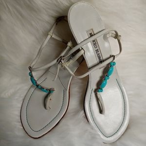 Manolo Blahnik white turquoise kitten heal 9.5